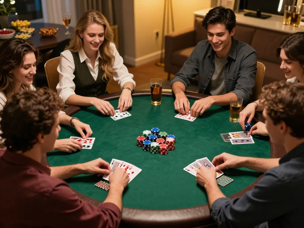 Engaging home poker night with friends showcasing strategic gameplay in an inviting environment using go99.