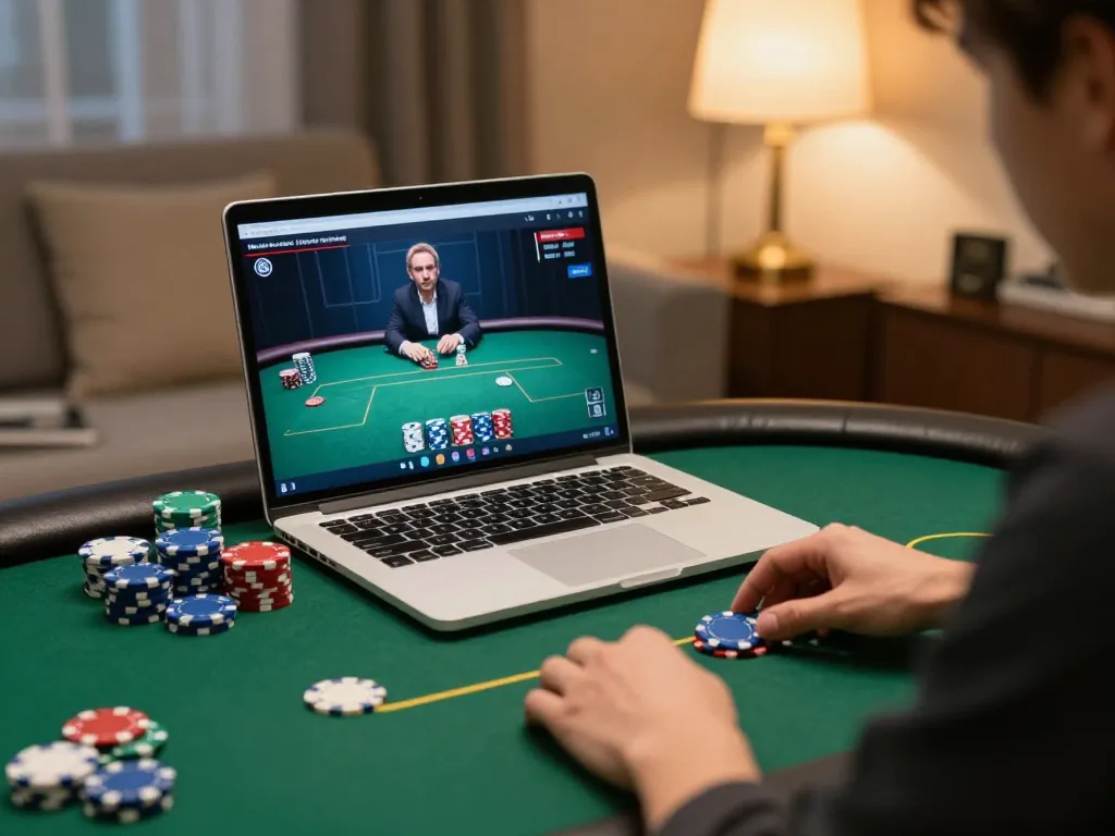 Engaged player practicing poker strategies with bu88 on a laptop in a cozy living room.