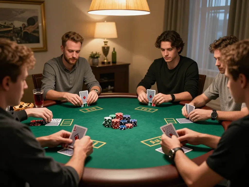 Engaging poker game night at home with players focused on their cards, showcasing luckywin as they strategize their bets.