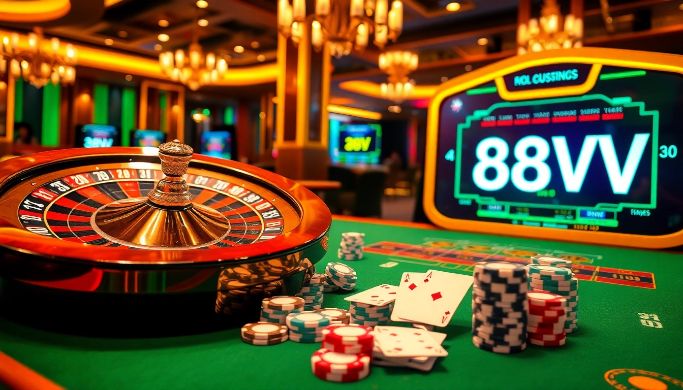 Experience the thrill of gambling at 88vv with a luxurious casino scene featuring vibrant elements.