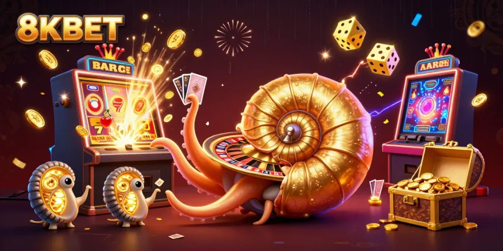 Khám phá thế giới cá cược tại 8KBET với hình ảnh sinh động của bạch tuộc cổ đại và máy slot lớn.