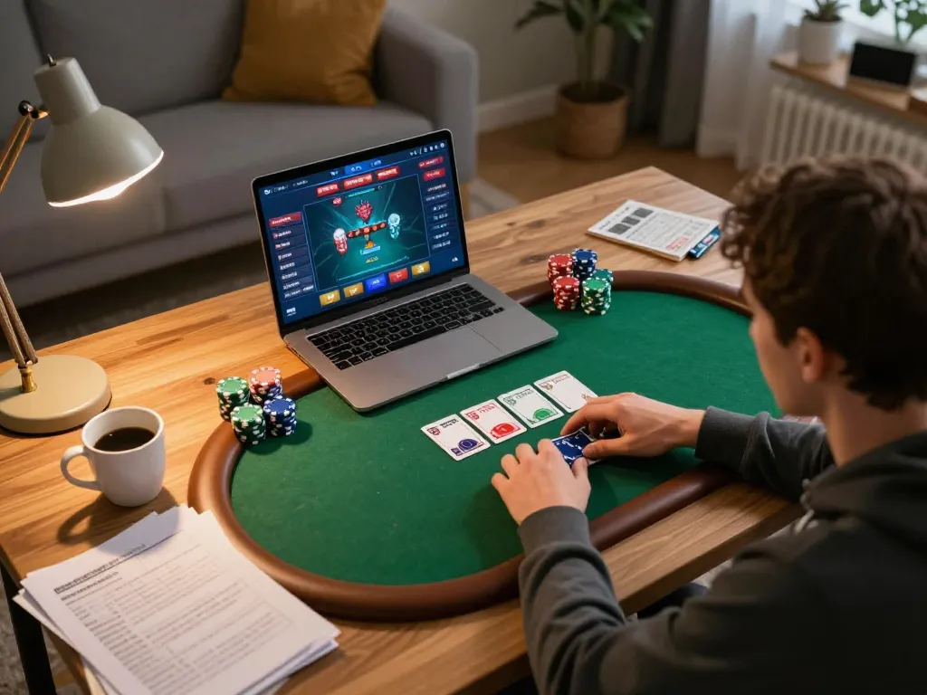 TR88 online poker gameplay setup with player focused on screen, chips and strategy notes visible.