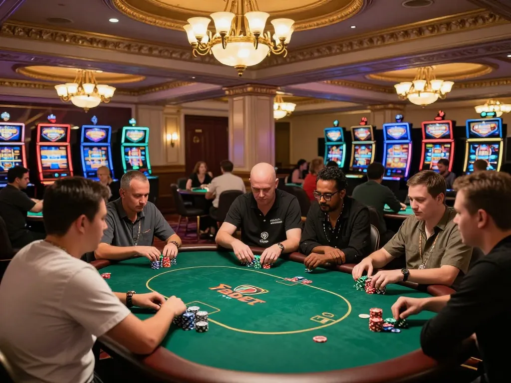 Players enjoy an exciting poker game at Fabet casino, showcasing vibrant chips and a lively atmosphere.