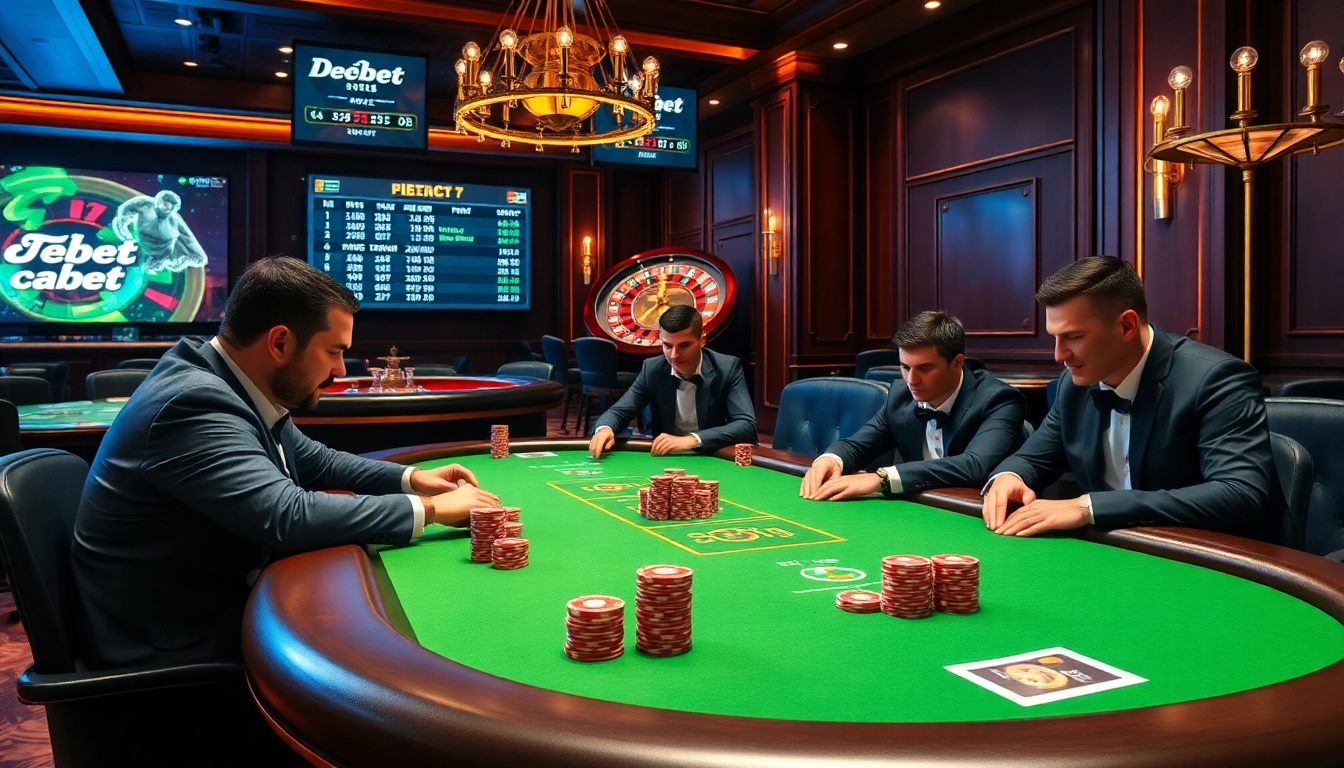 Gamblers enjoy a high-stakes poker game at a luxury casino with debet betting options highlighted.