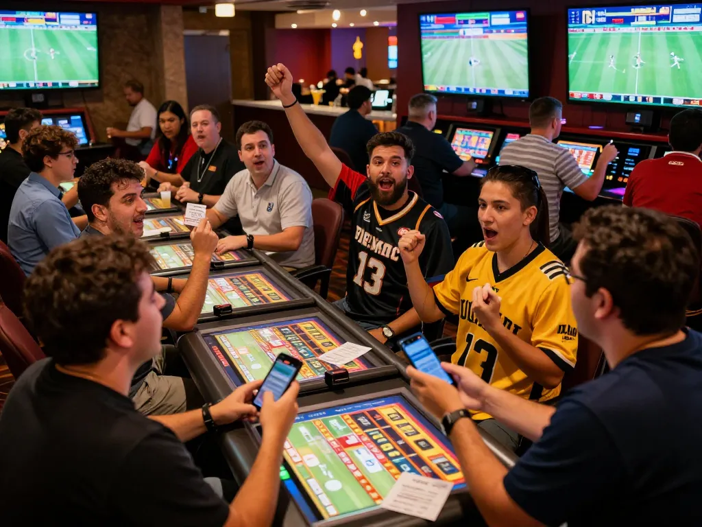 Hit-club players engaging in sports betting action among excited fans in a lively casino atmosphere.