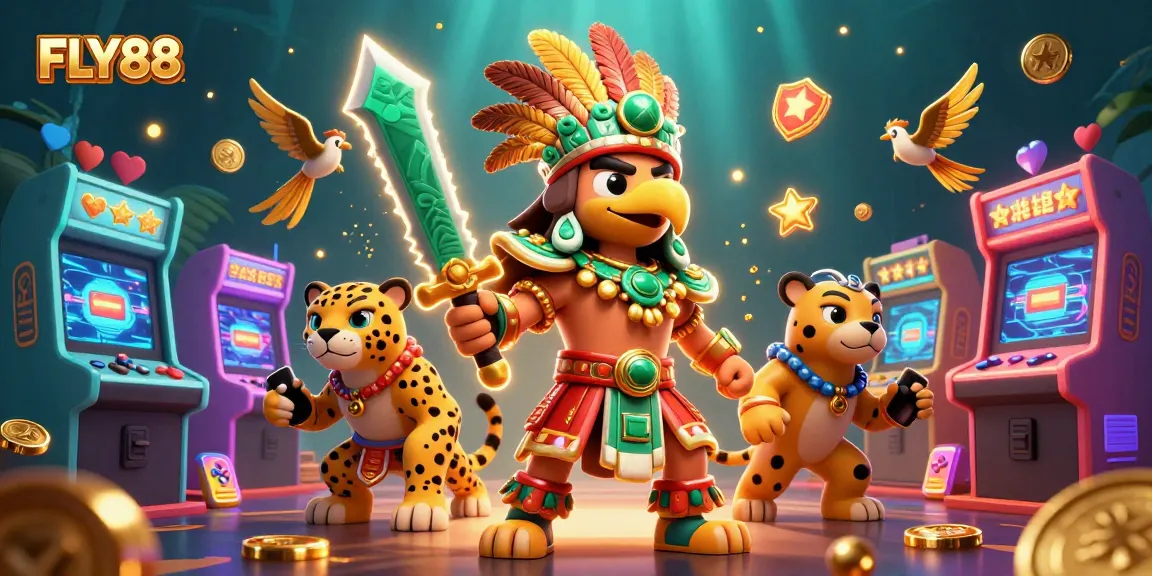 Experience thrilling gaming with FLY88, featuring vibrant characters and dynamic casino elements.