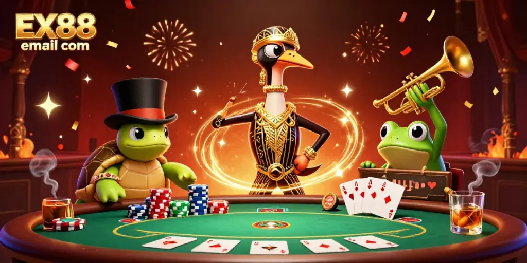 Experience the excitement of EX88email com with vibrant casino characters at a lively poker scene.