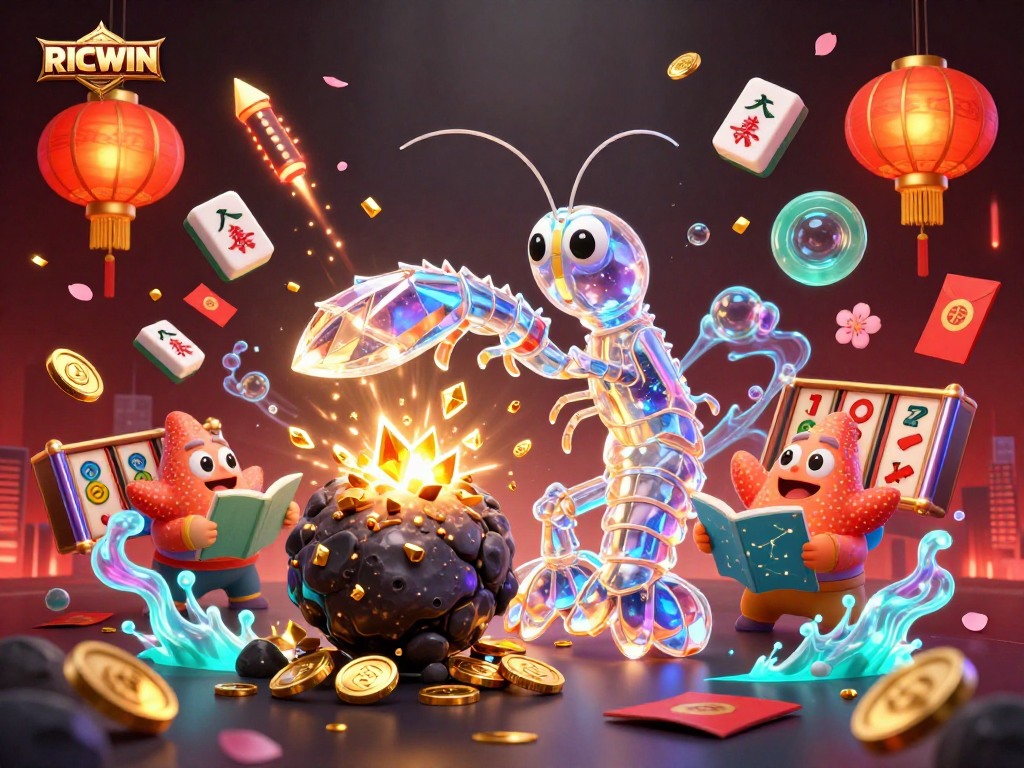 Engage in the thrilling world of RICWIN casino with an energetic 3D scene featuring galactic samurai and vibrant gambling elements