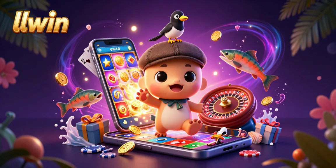 Discover vibrant gaming action at llwin with cartoon characters, slot games, and casino elements.