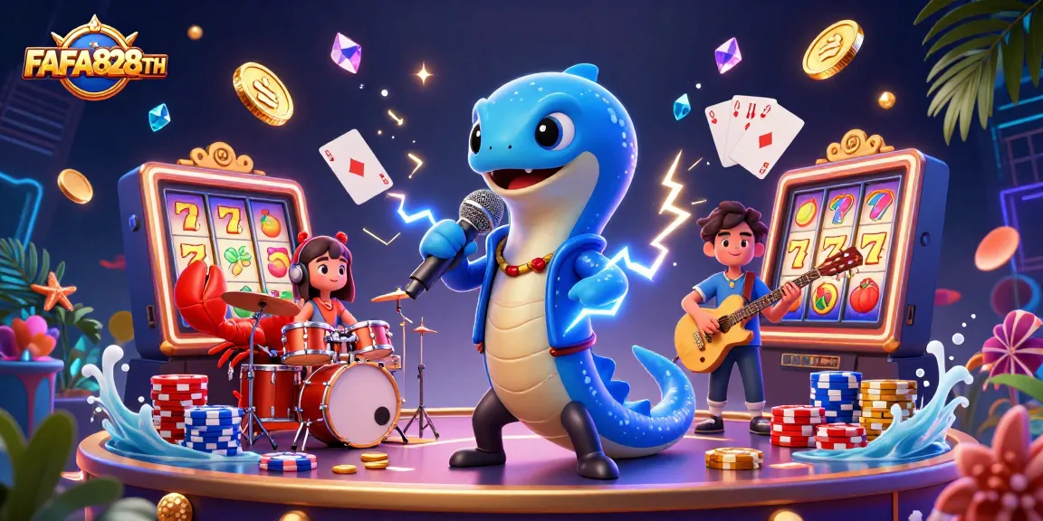 Experience the vibrant underwater scene of FAFA828TH with a musical electric eel and colorful casino elements.