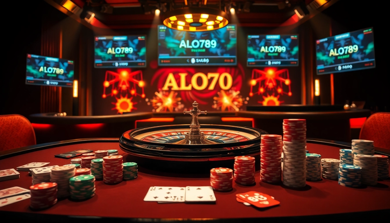 A thrilling online casino scene featuring the ALO789 link mới nhất, showcasing roulette and poker elements.