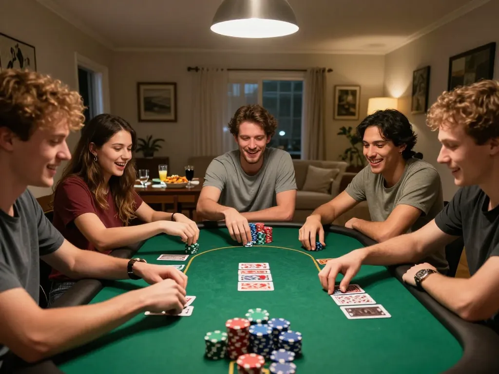 Friends enjoying a poker night while placing bets using sky88 link for online gaming.