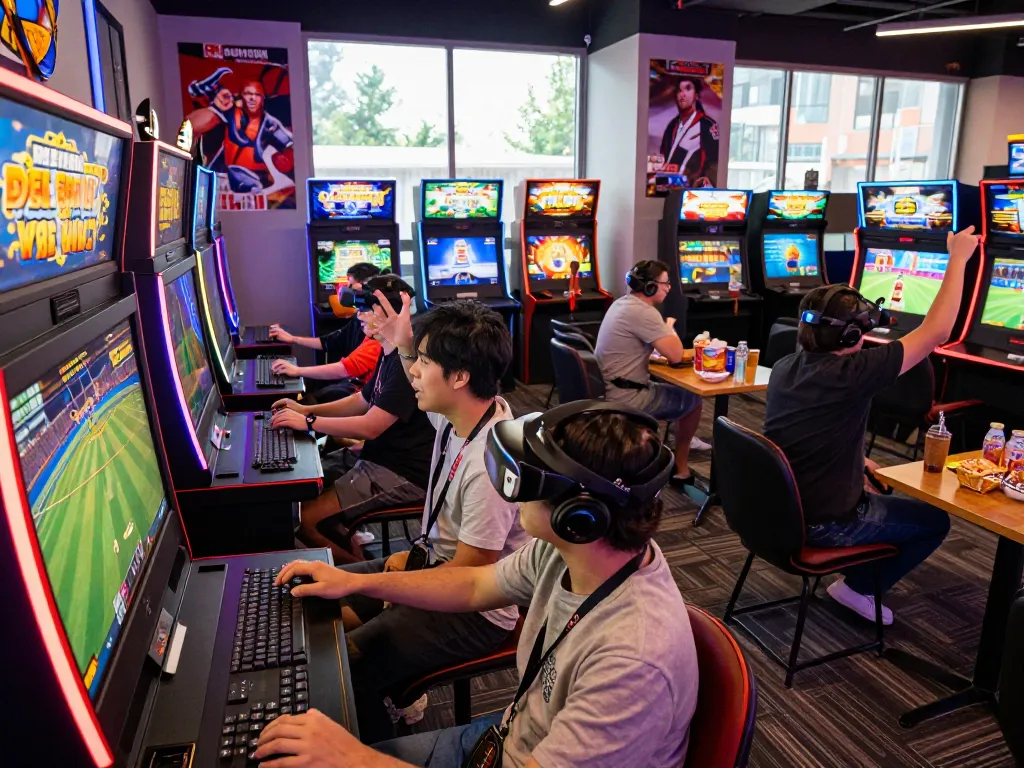 Players enjoy a thrilling gaming experience at bem88, surrounded by vibrant lights and diverse games.
