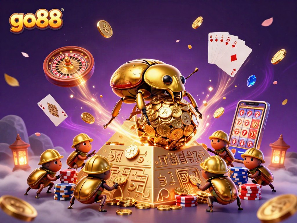 Experience go88's thrilling casino adventure with golden beetles, coins, and games.