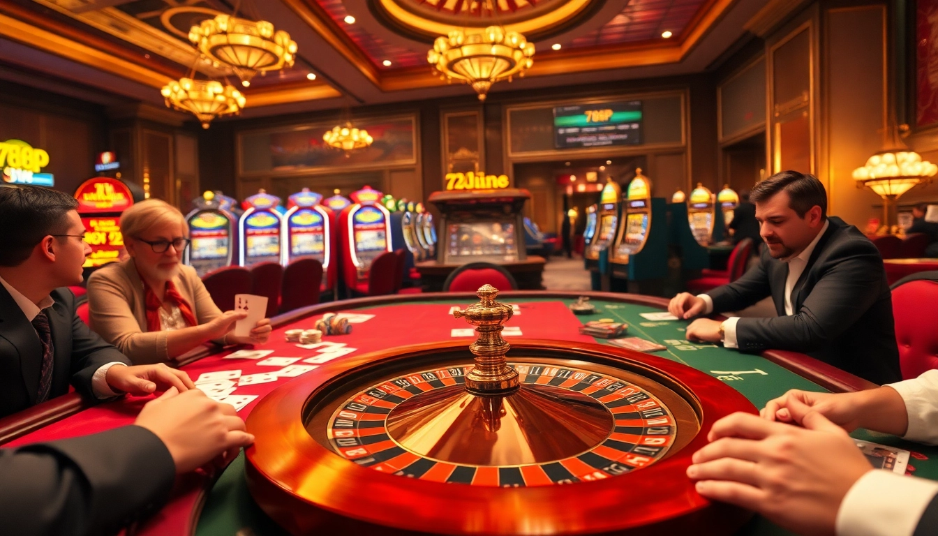 Players strategizing at a poker table in a luxurious casino featuring 789P branded elements.