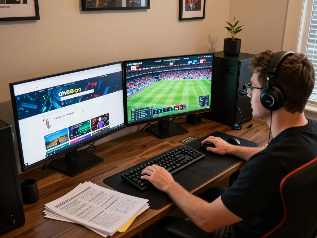 Player engaged on qh88go betting site with detailed strategy notes in a cozy home office