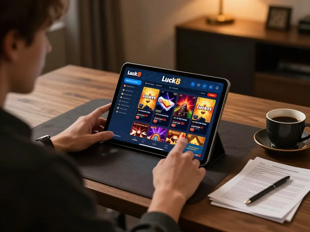 Engaged user playing luck8 casino app on tablet during a cozy night.