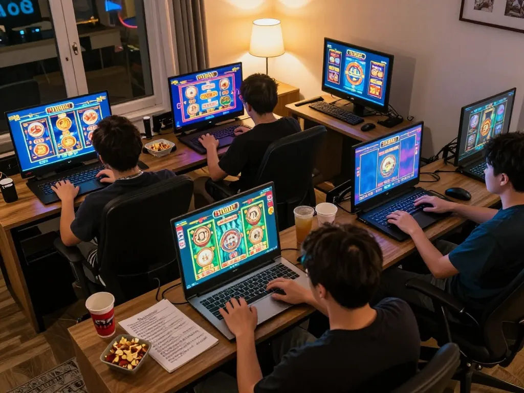 Engaged player enjoying nohu slot games on a laptop in cozy home setup