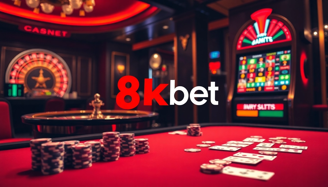 Experience the excitement of 8kbet at a luxurious casino table with vibrant gaming elements.