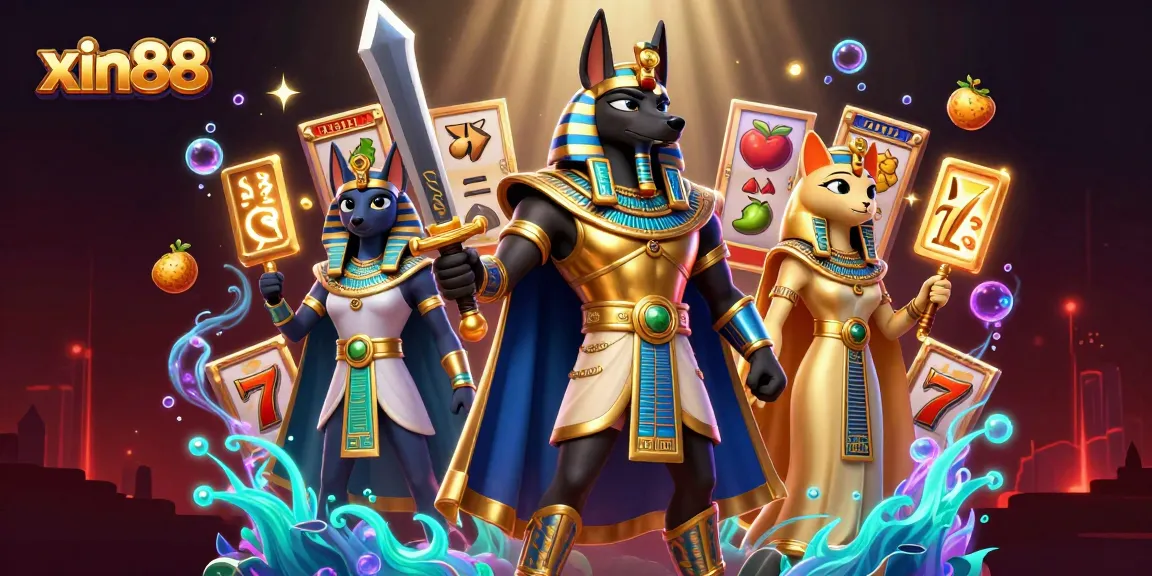 Experience thrilling slots action on xin88 with Anubis and Bastet amidst dynamic gaming elements.
