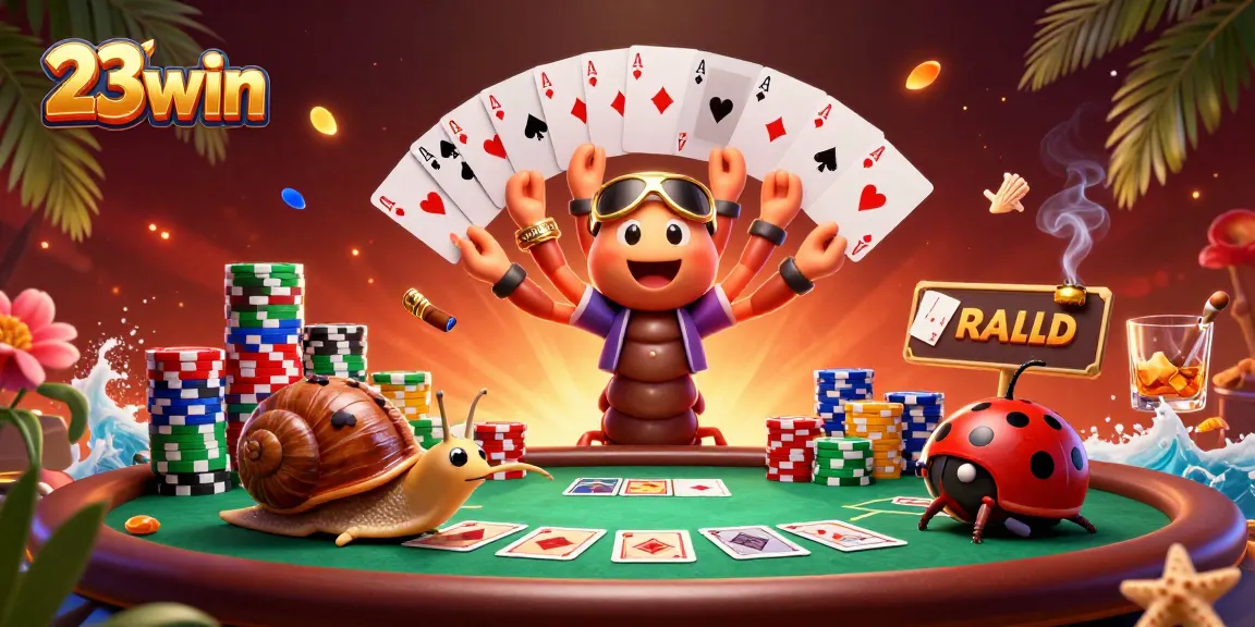 Experience the excitement of 23win casino with a dynamic card game scene featuring colorful poker elements.