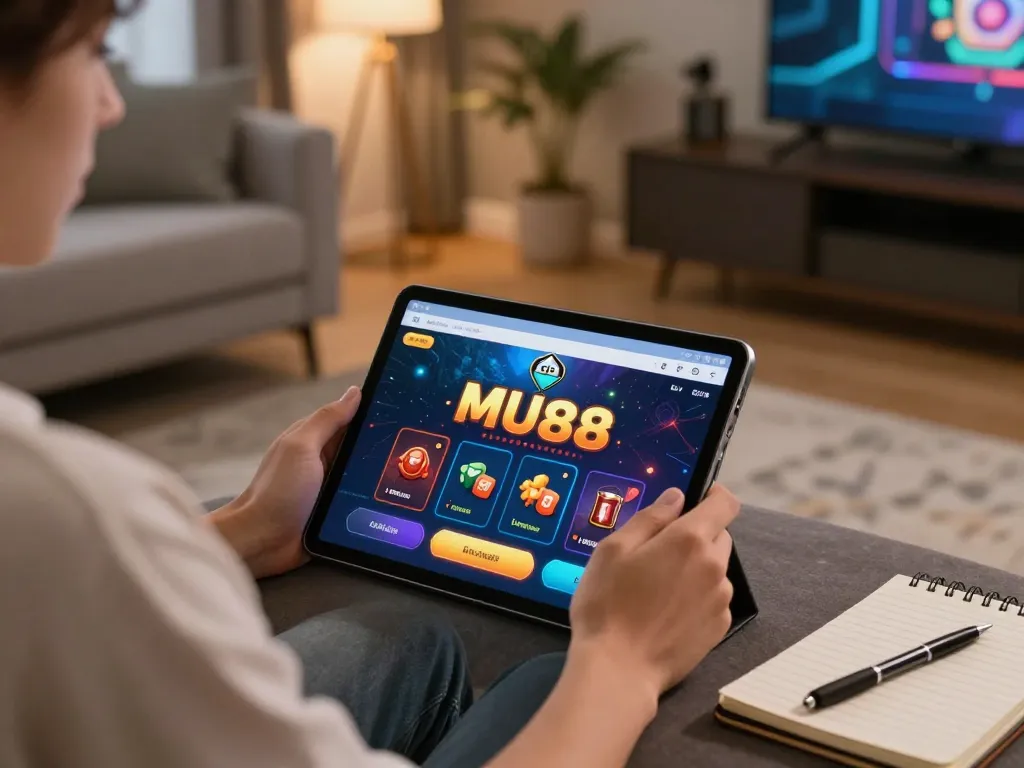 Player using MU88 casino app on tablet, depicting strategic gaming at home.