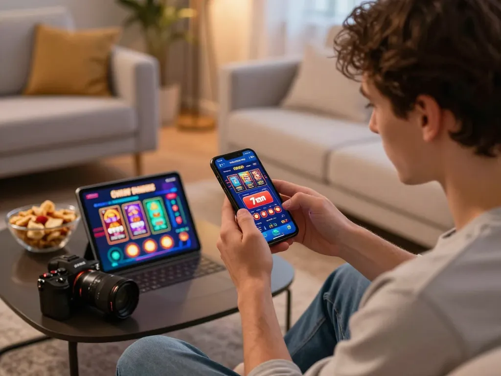 Engaging smartphone gameplay on the 7m casino app in a cozy home setting.