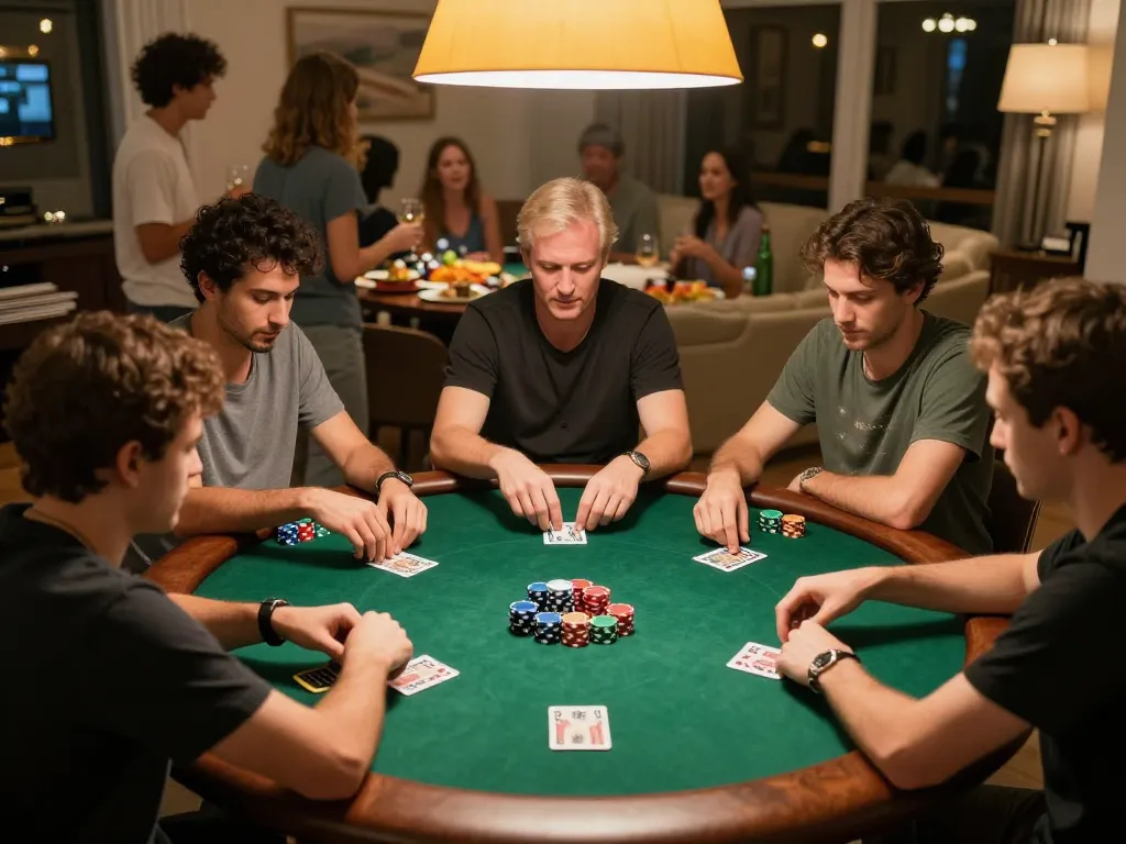 UU88 poker night showing friends engaged in strategic gameplay around a green felt table.