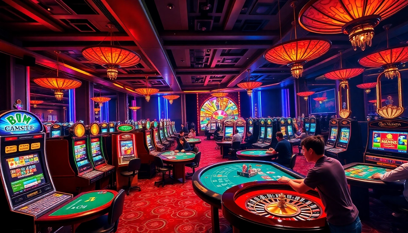 The excitement of gambling at https://bomwin.cn.com/ with vibrant slot machines and lively players in a luxurious casino scene.