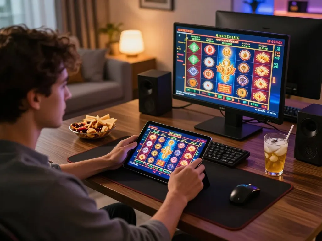 Player engaging in online casino gaming at home with rr88 app shown on tablet and snacks visible.