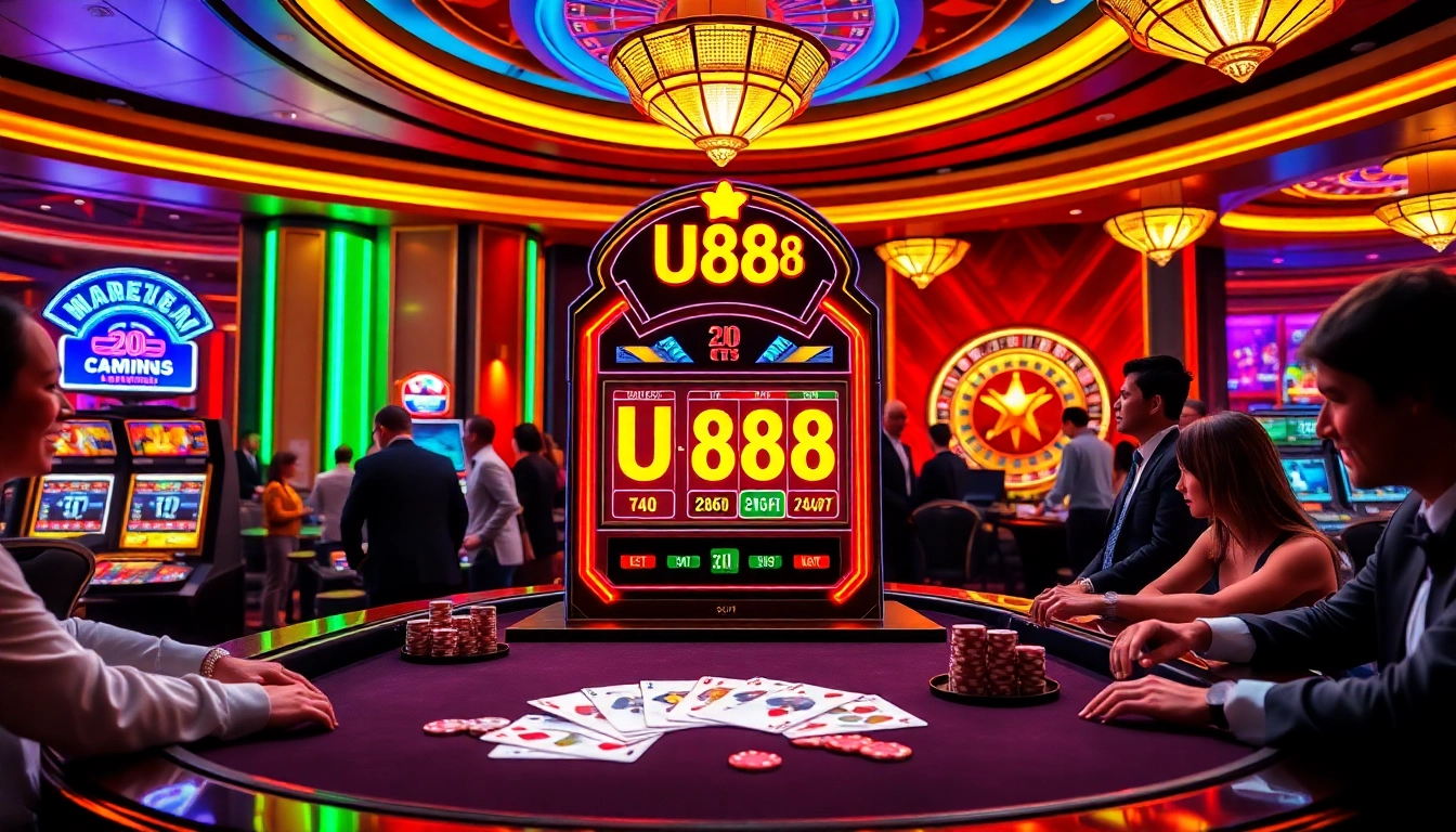 Experience the thrill of U888 with a casino scene showcasing vibrant lights and exciting games.