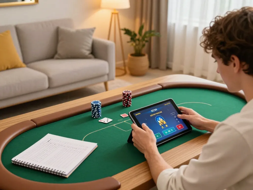 Player engages with hb88 online poker interface, showcasing a cozy gaming setup.