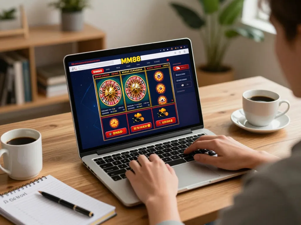 Engaging session with MM88 online casino displayed on laptop screen, showcasing a strategic gaming environment.