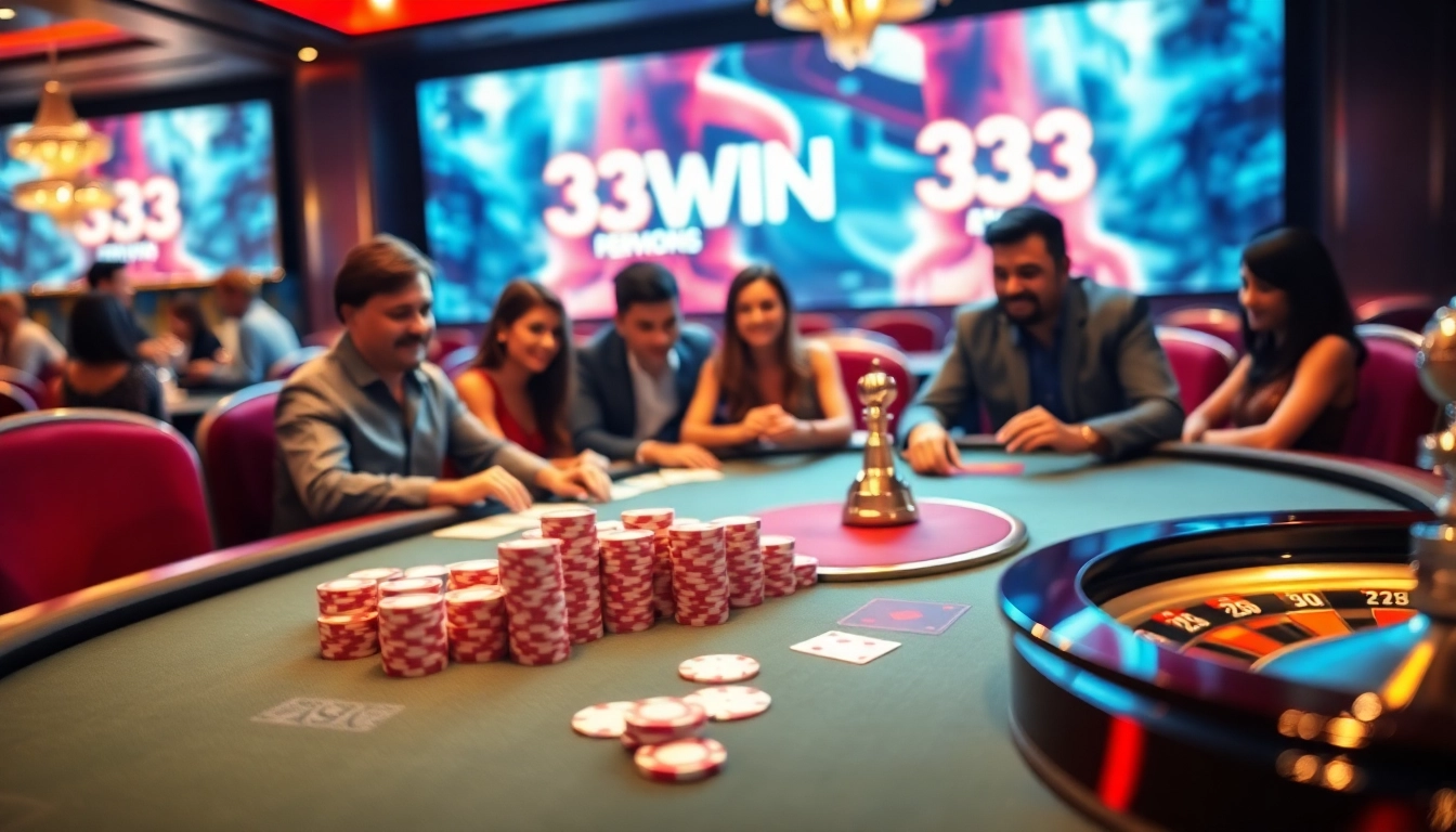 Players engaging in a high-stakes poker game featuring 33WIN branding and luxury elements.