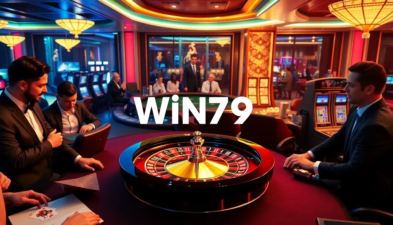 Win79 players engaging in an exciting casino experience with roulette and slot machines
