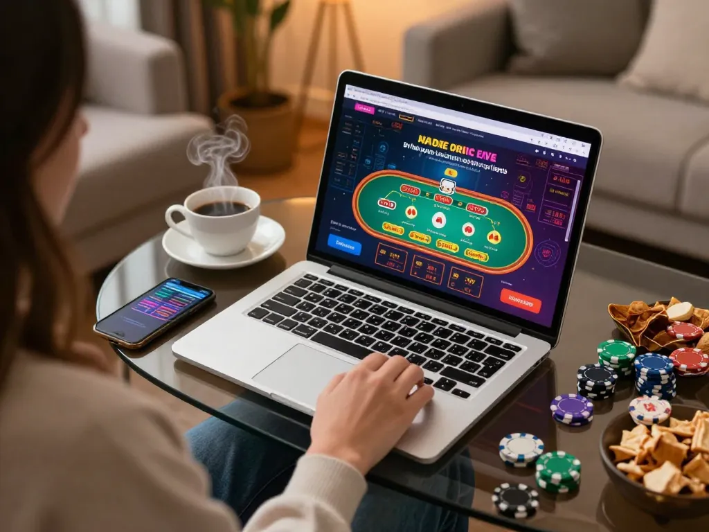 Engaging online casino gameplay on a laptop with vibrant interface at home, com gaming setup