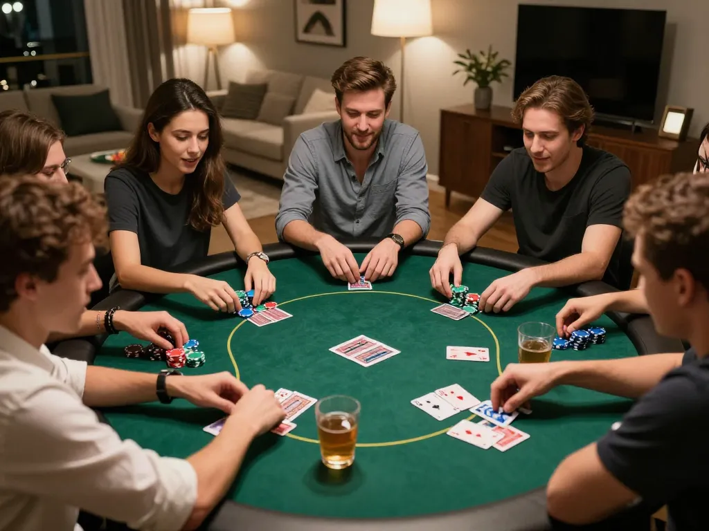 Lô Đề Uy Tín players engaging in a lively poker game, chips and drinks enhancing the vibrant atmosphere.