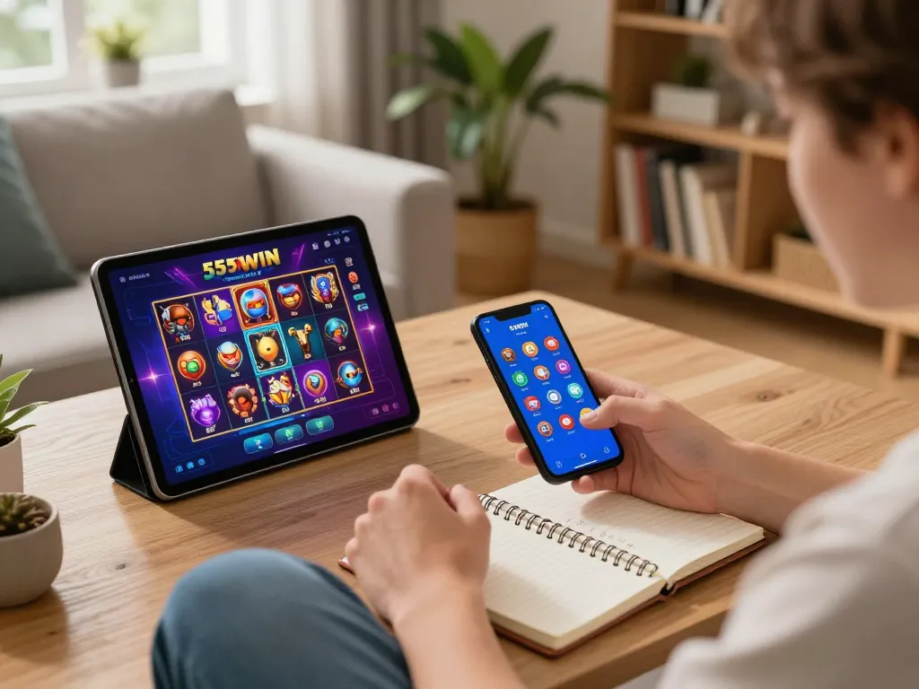 Person enjoying 555WIN mobile app while using a tablet in a cozy living room, emphasizing online gaming experience.