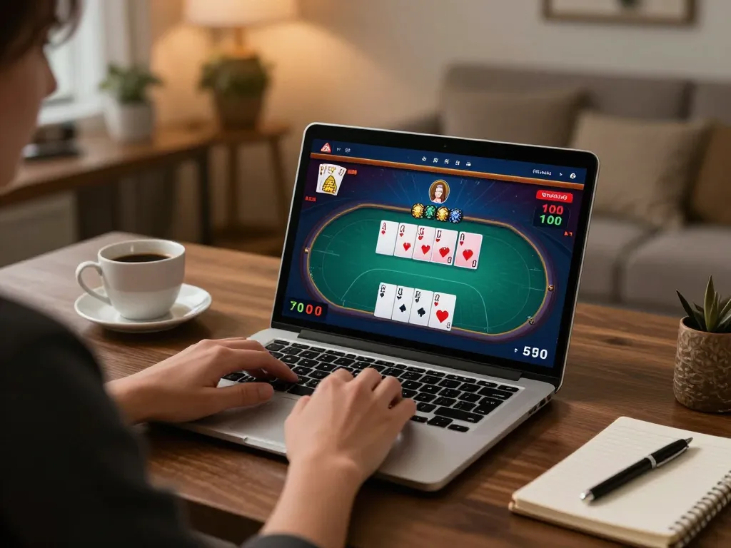 Sky88 player strategizing poker bets for better odds in a home setup
