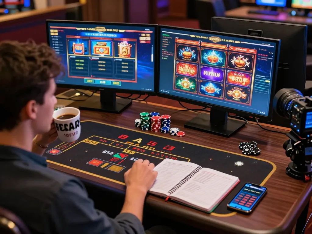 Engaging online gaming moment at an ATQ casino setup, with vibrant slot displays and strategic preparations.