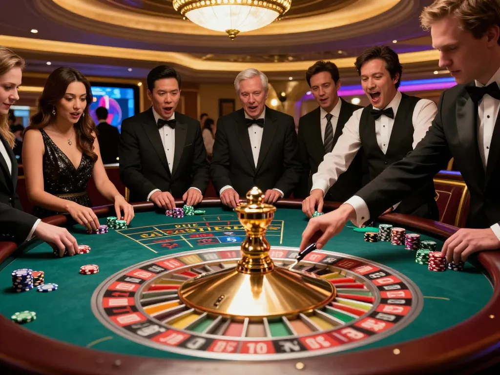 Players at a roulette table eagerly placing bets in an upscale casino atmosphere highlighting mb66 excitement.