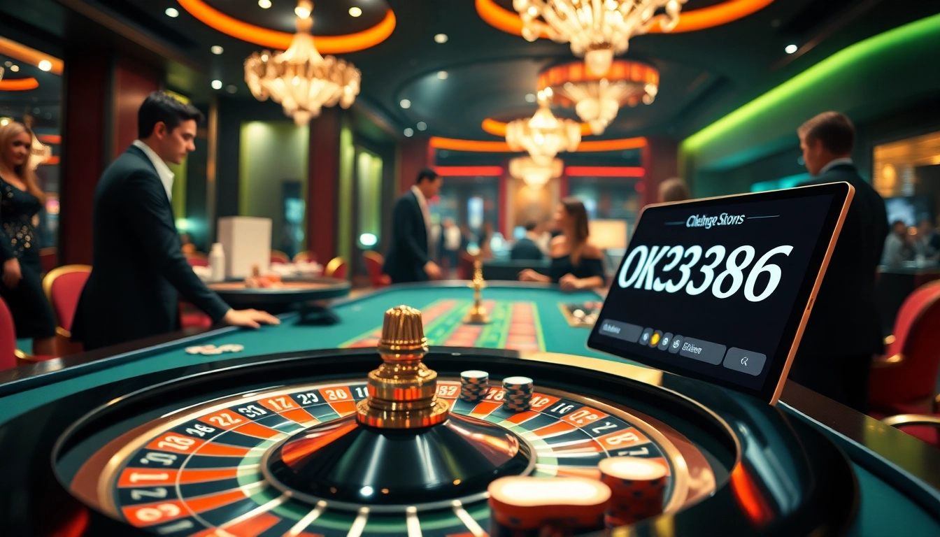 Experience the excitement of gambling at OK8386 with a stunning view of a vibrant casino scene.
