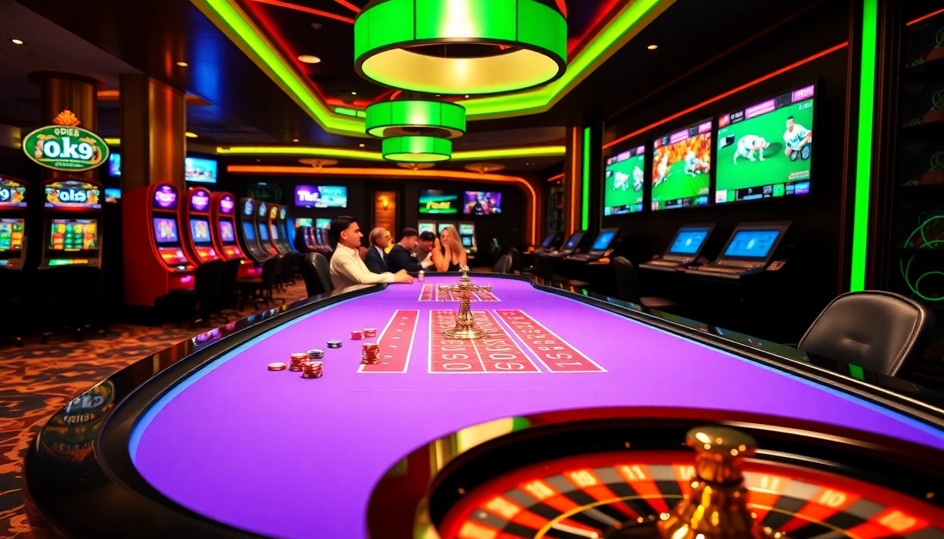 Enjoying a game at ok9 casino with vibrant slot machines and a lively poker table.