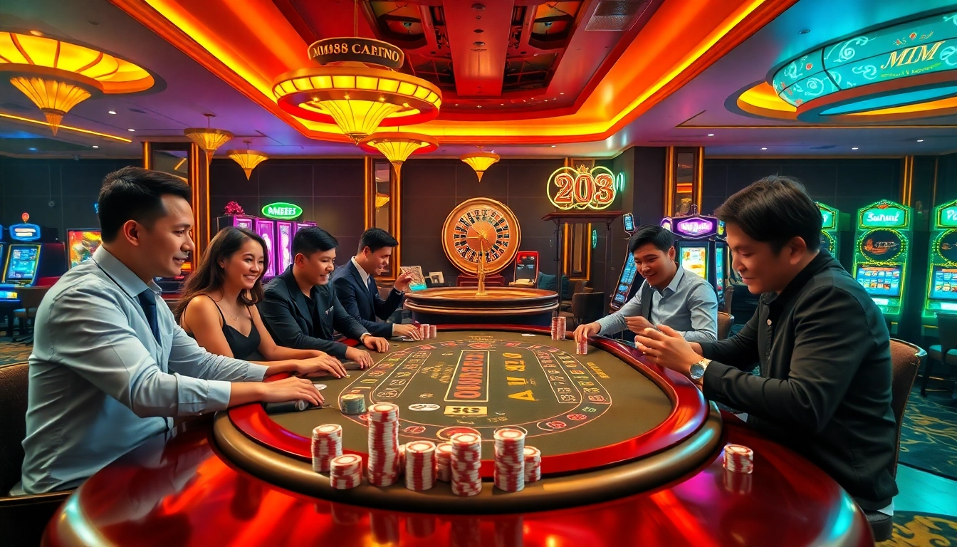 Players enjoying a thrilling game of blackjack at the MM88 casino table surrounded by vibrant decor.