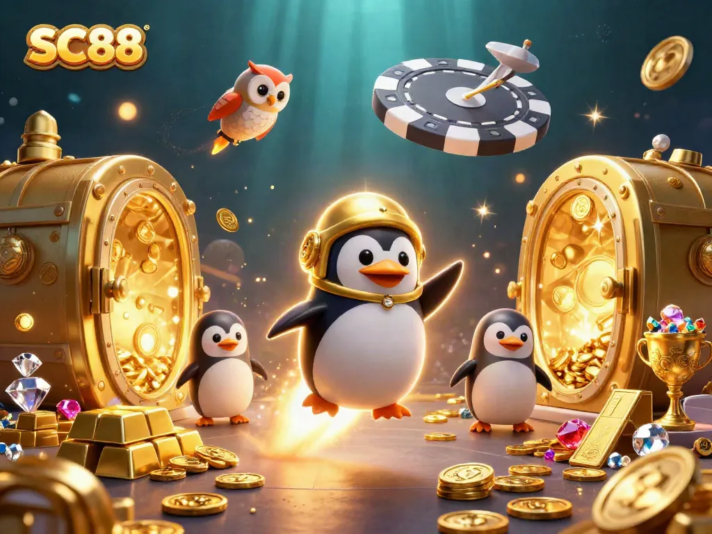 Experience the thrill of SC88 with a penguin shooting for casino riches amidst golden treasures.