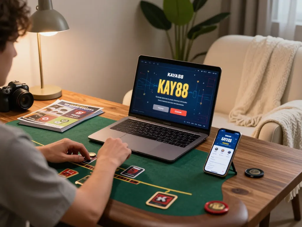 KAYA88 player engaging in live dealer blackjack at a stylish home gaming setup with warm lighting.
