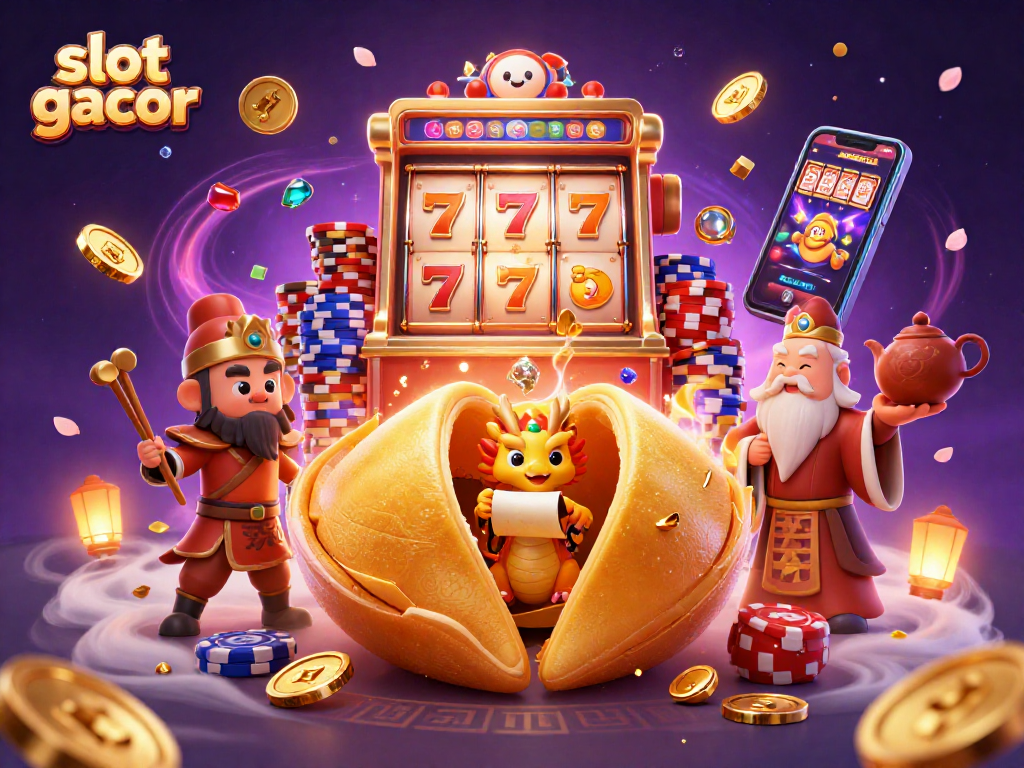 Experience the thrill of slot gacor with a vibrant scene featuring a lucky dragon and golden treasures.