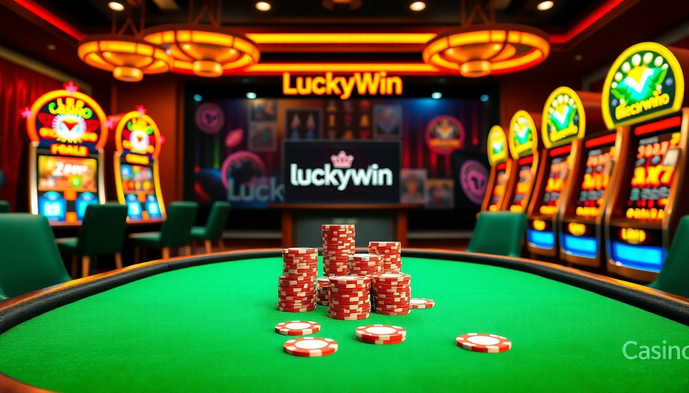 Winning at Luckywin casino with vibrant poker chips and slot machines.