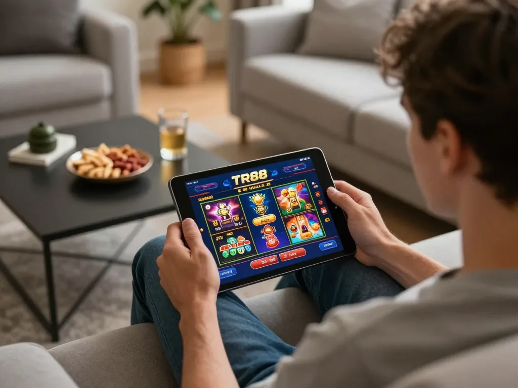 Player enjoying TR88 online casino game on tablet with cozy home setup