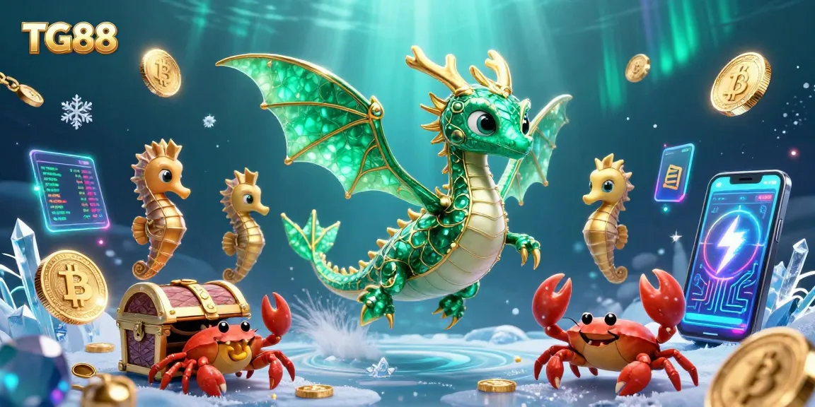 Experience TG88 with a vibrant underwater casino scene featuring a sea dragon and crypto elements.